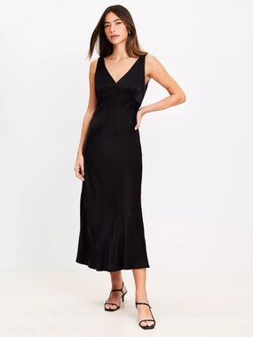LOFT new with tags Black Satin Double V Bias Midi Dress
